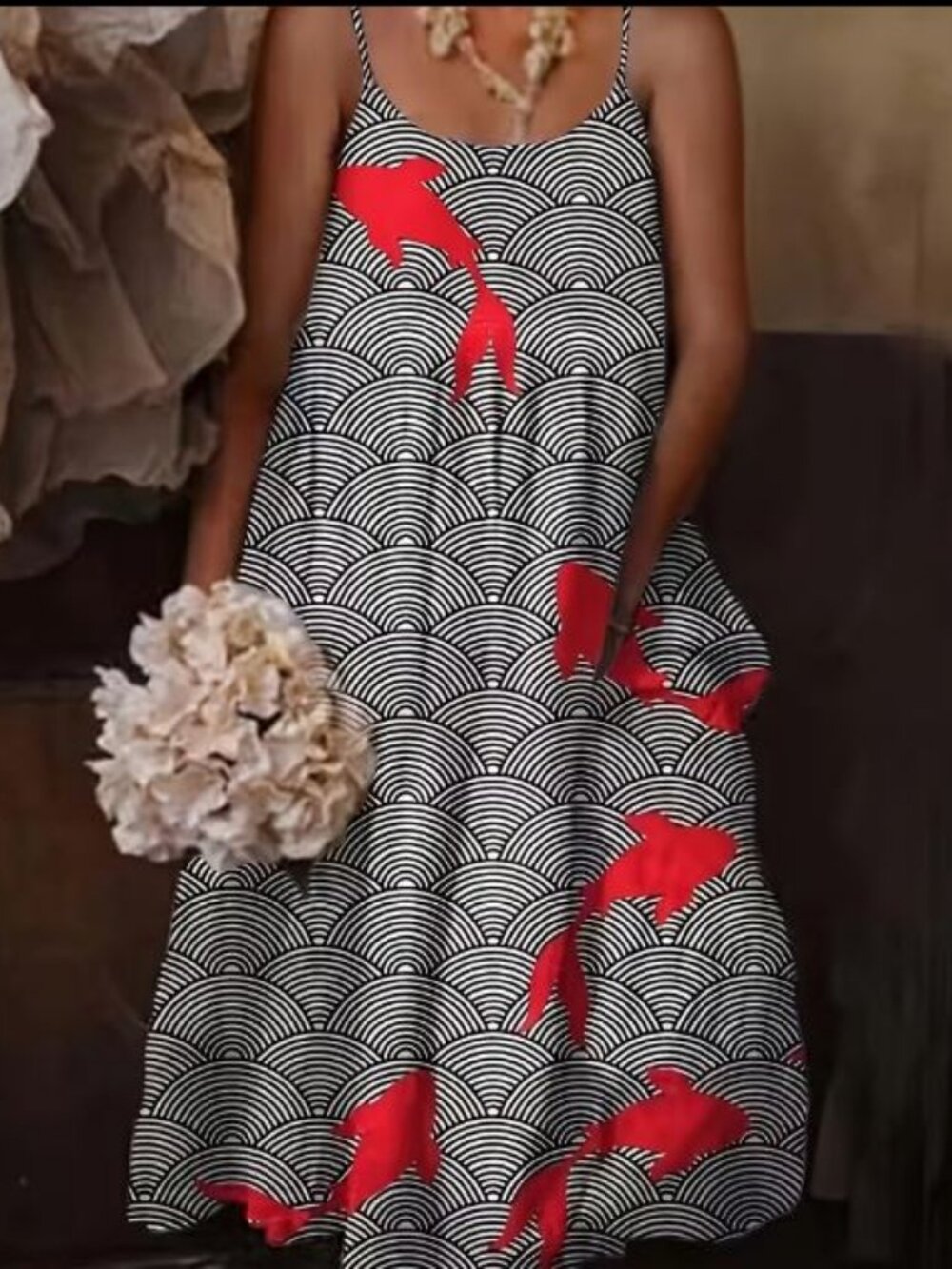 Midi Dress with Red Koi with Geometric Graphite & White Design